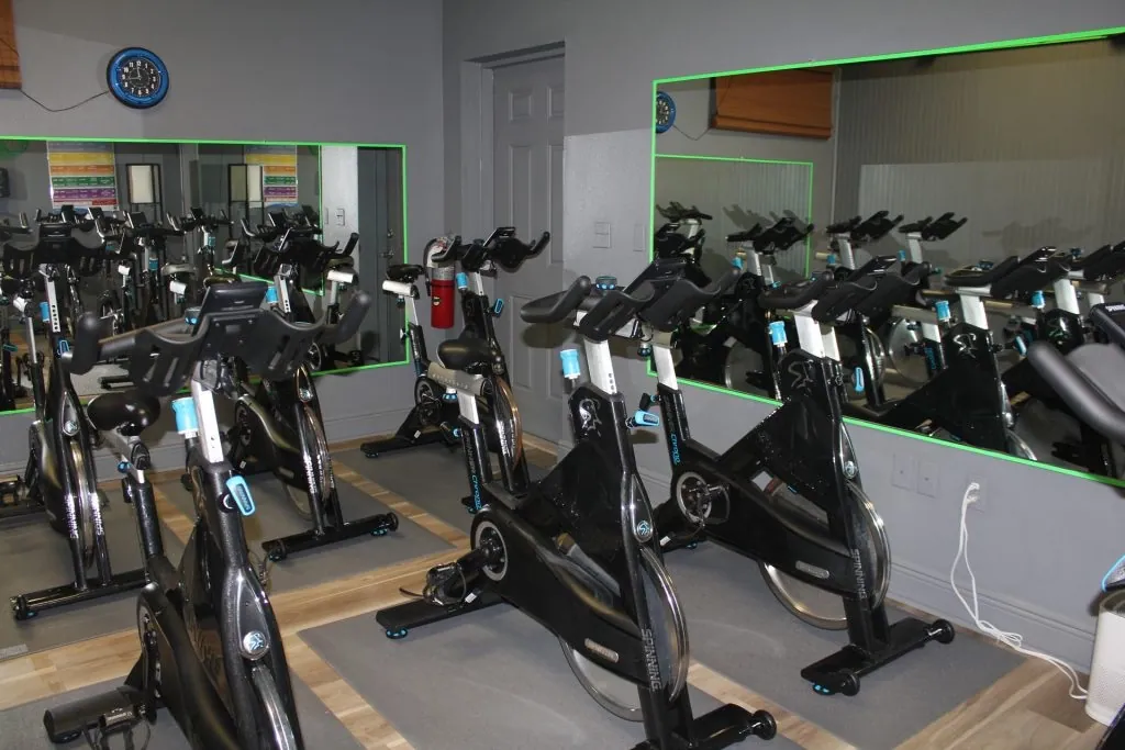 The row of bikes in the cycling room